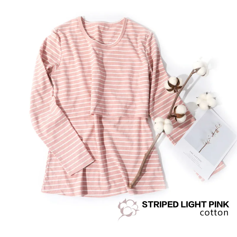 YATEMAO для беременных, кормящих, с длинным рукавом, для беременных женщин, открытая спереди, одежда для сна, топы для грудного вскармливания, пижамы, топы для женщин, без штанов - Цвет: striped light pink