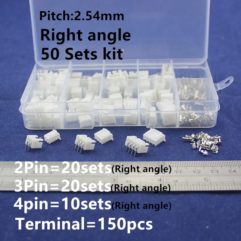 

50 sets Kit in box 2p 3p 4pin Right angle 2.54mm Pitch Terminal / Housing / Pin Header Connector Wire Connectors Adaptor XH Kits