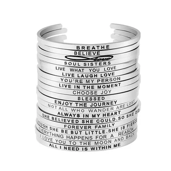 

inspirational cuff bangle for girls women 316L stainless steel engraved 74 positive phrases mantra bracelet jewelry