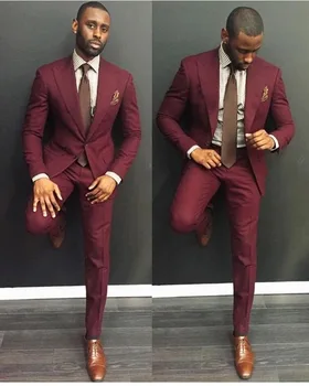 

New Arrival Two Buttons Burgundy Groom Tuxedos Peak Lapel Groomsmen Mens Wedding Suits Blazers (Jacket+Pants+Tie) W:579