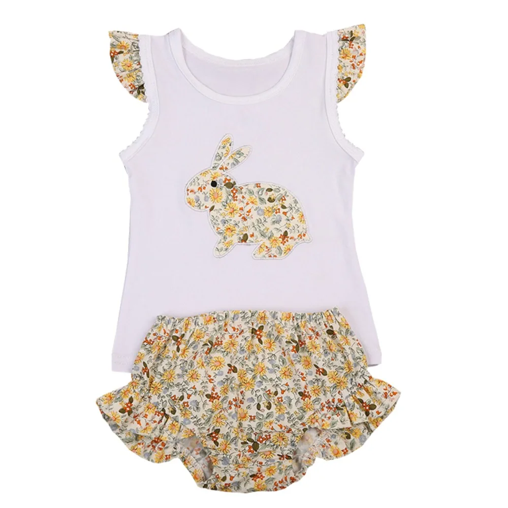 

2pcs Set Baby Girl Clothes Birthday Pageant Outfit Bunny Rabbit Short Sleeve T-shirt Tops Shorts Pants Cute Girls Casual Clothes