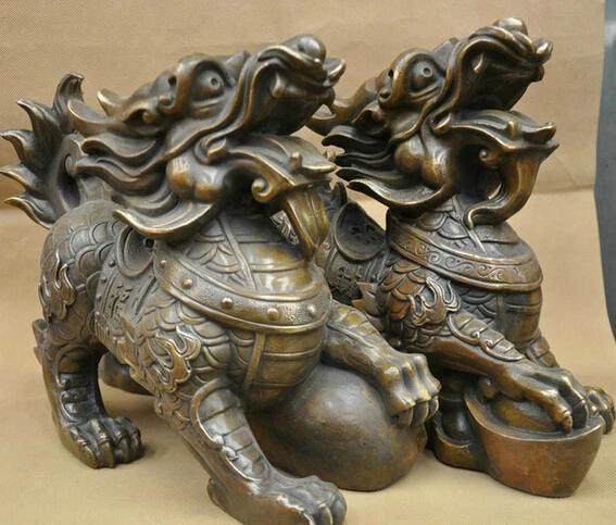 13'' China Fengshui Zodiac Kylin Foo Dog Pixiu Lion Bronze Statue One Pair wholesale Arts outlets | Дом и сад