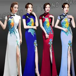 Размер 4XL, вышивка русалки, элегантное сценическое шоу с высоким разрезом, традиционное китайское Ципао, женское платье, винтажное женское
