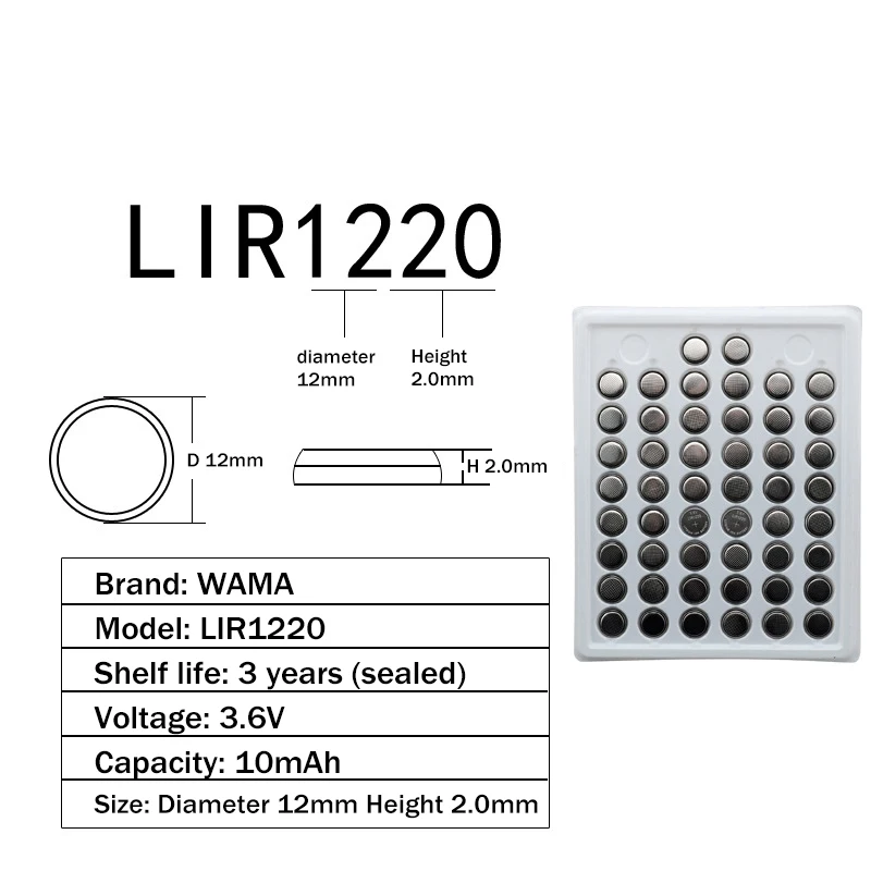 10x Wama LIR1220 3,6 V аккумуляторные батарейки для монет, сменные батареи CR1220 li-ion