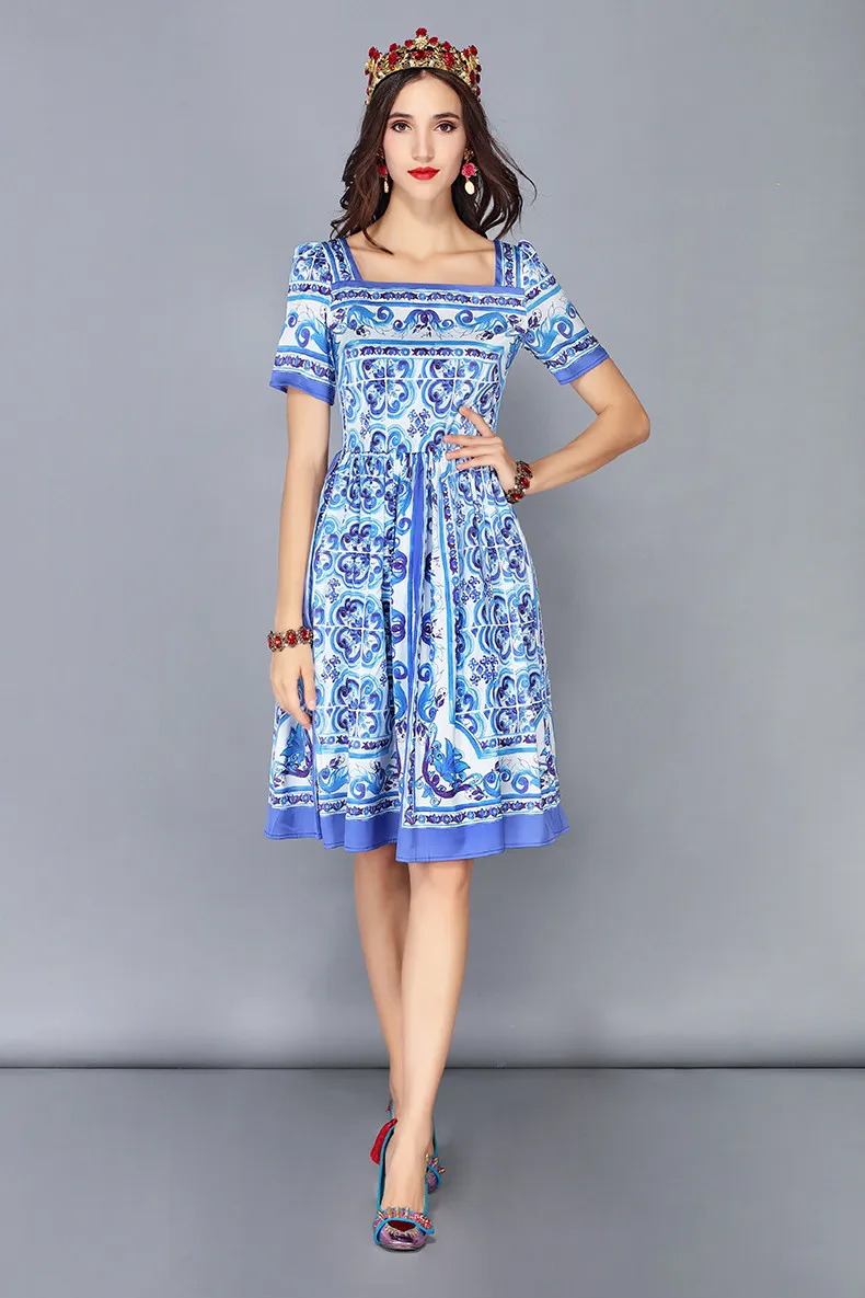 Женские платья с принтом LD LINDA DELLA, летнее платье с коротким рукавом, повседневное платье белого и голубого цвета