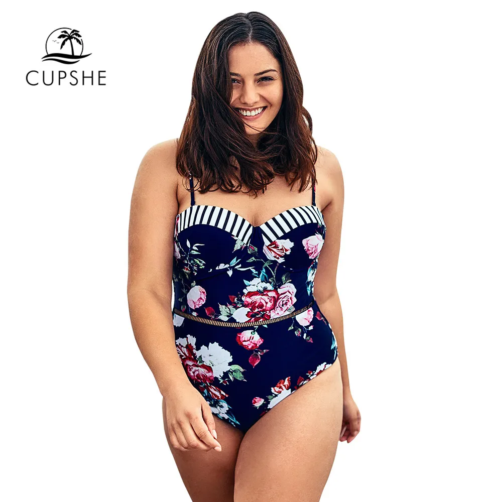 Kaufen CUPSHE Plus Größe Blumen Druck Push Up Ein Stück Badeanzug Sexy Backless Frauen Monokini Badeanzüge 2020 Mädchen Strand Bademode