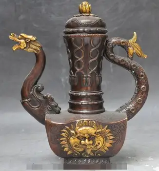 

S03283 10" marked chinese bronze gilt fengshui dragon statue Wine tea Pot Flagon teapot