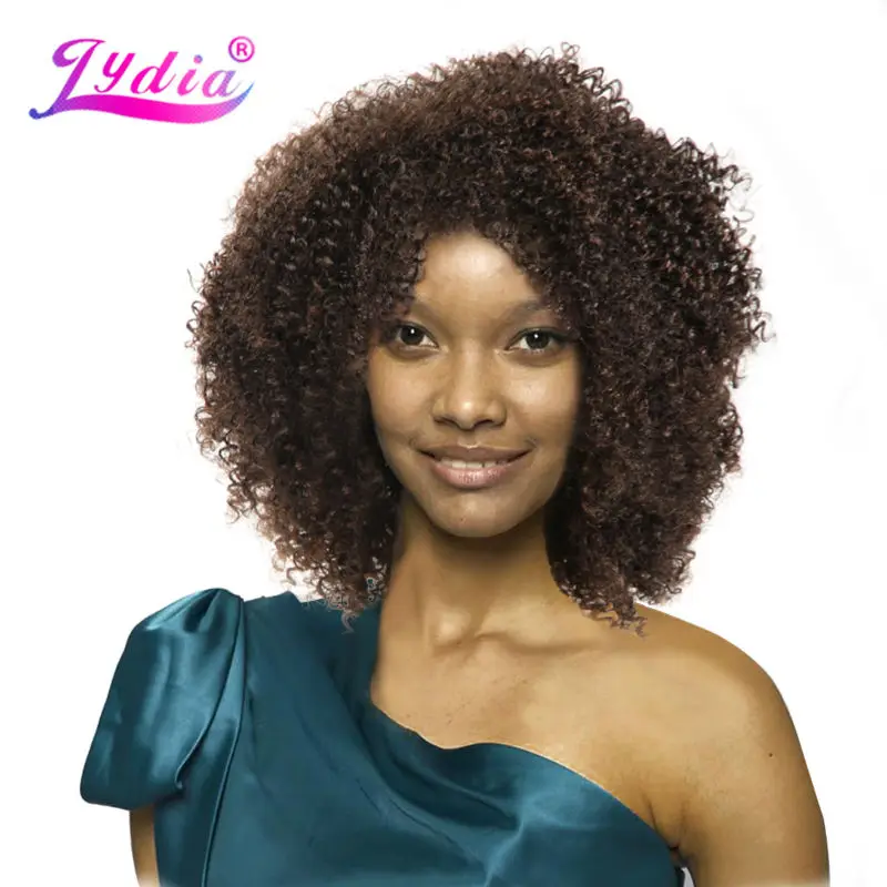 Lydia Afro Rizado Rizado color Natural Corto de Las Pelucas de Kanekalon a prueba de Calor Pelucas Sintéticas Afroamericano Natural Pelucas