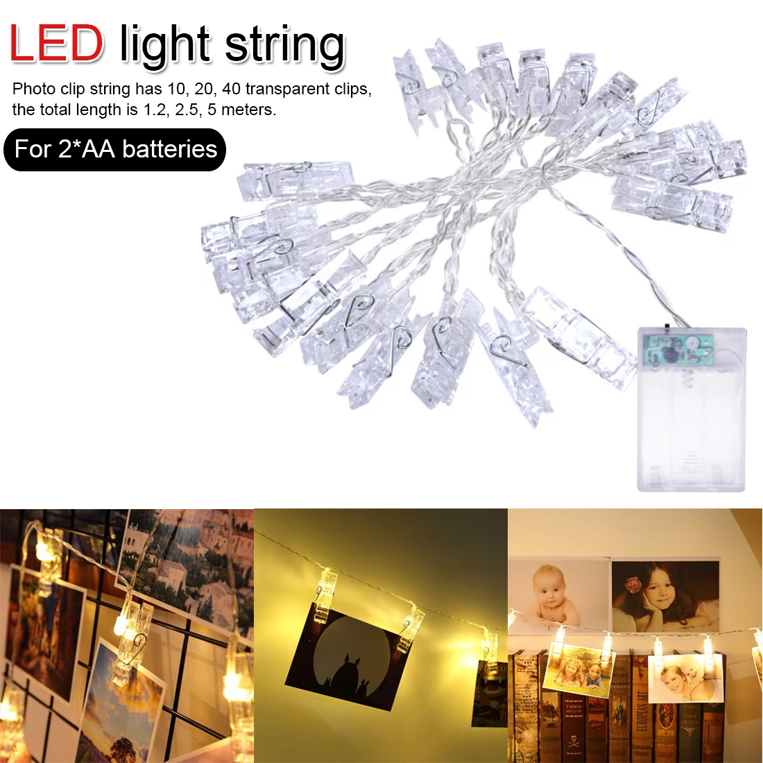 

1pcs Battery Powered LED String Light Wedding Decoration Starry Photo Holder Clip String Light Birthday Party Christmas Decor