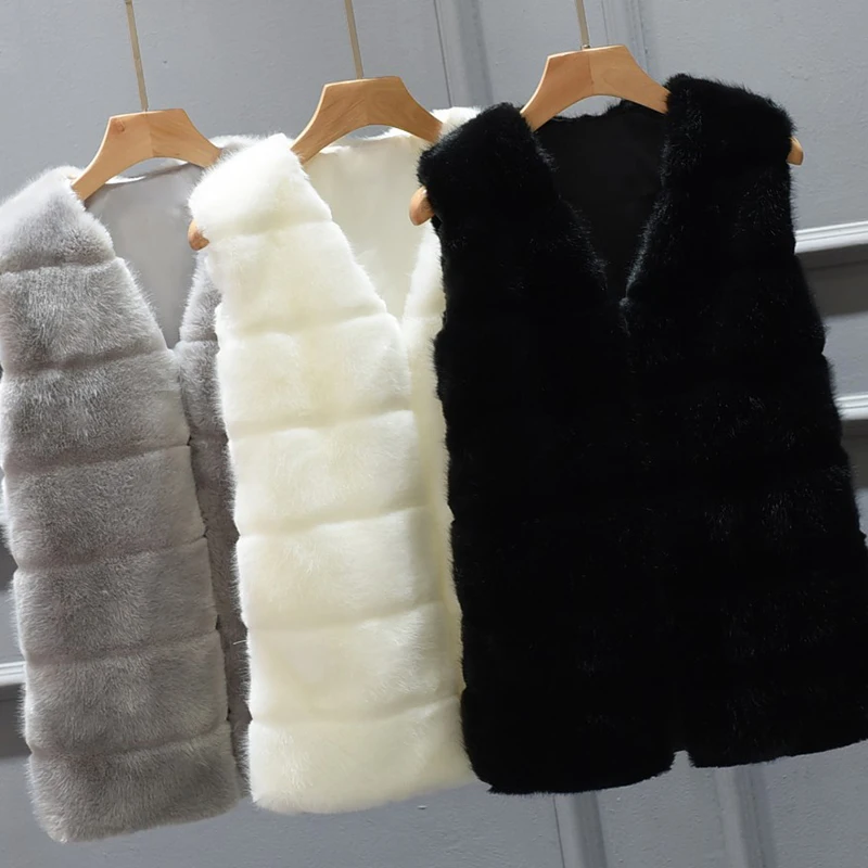 

New Faux Fur Vest Jacket Coat Women Winter Warm Outerwear Overcoat Parka Sleeveless V-Neck Short Waistcoat Plus 4X