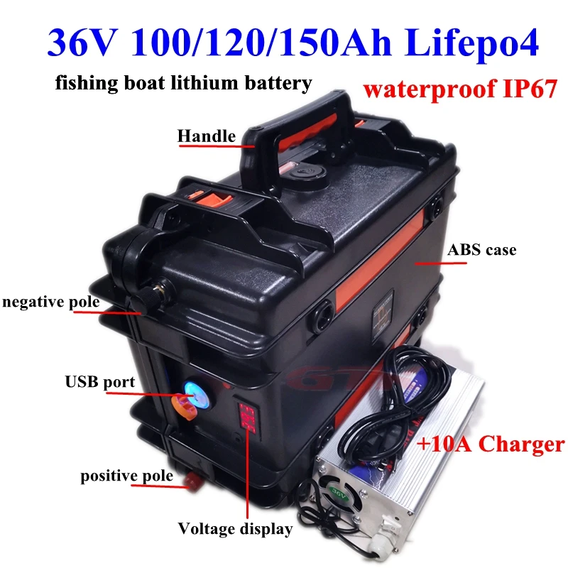

Rechargeable 36V 100Ah 120Ah 150Ah LiFepo4 lithium battery pack BMS 12s for fishing boats caravans solar system +10A Charger
