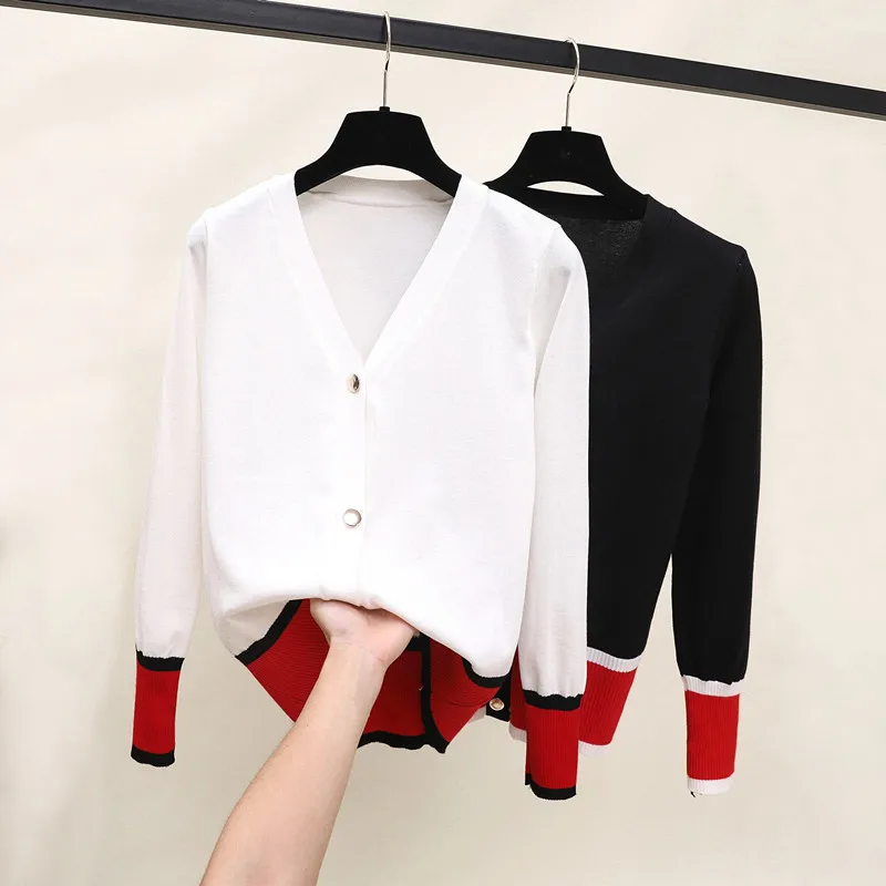 

LYJMTDBK Women's sweater outside a small cardigan 2018 autumn new color matching V-neck sweater coat female long-sleeved shirt