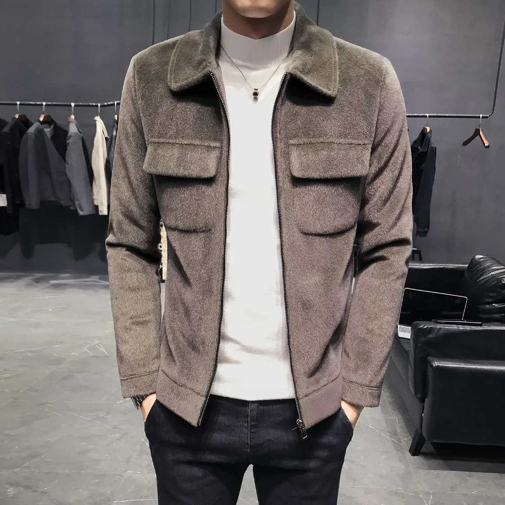 

Autumn Winter Korean New Jacket Men Brand Slim Fit Mens Casual Jackets Long Sleeve Turn Down Collar Warm Velvet Windbreaker Coat