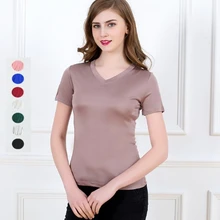 Женские 50% шелк 50% вискоза Трикотажные короткий рукав v-образным вырезом футболки Топ Тонкий Тип sgsg306