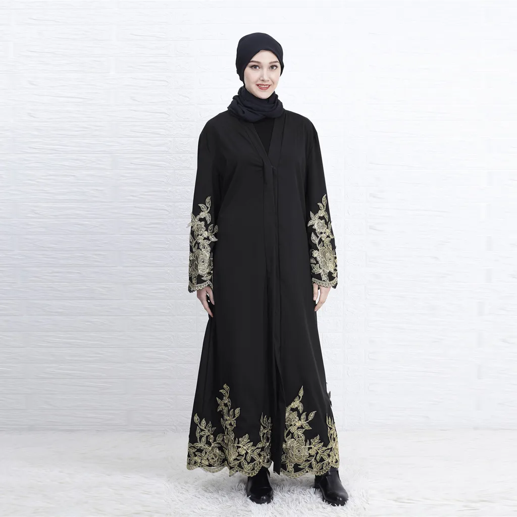 

Elegant Muslim Abaya Dress Cardigan Robe Turkish Hijab Islamic Prayer Clothing Long Sleeve V-Neck Lace Casual Dress L411A