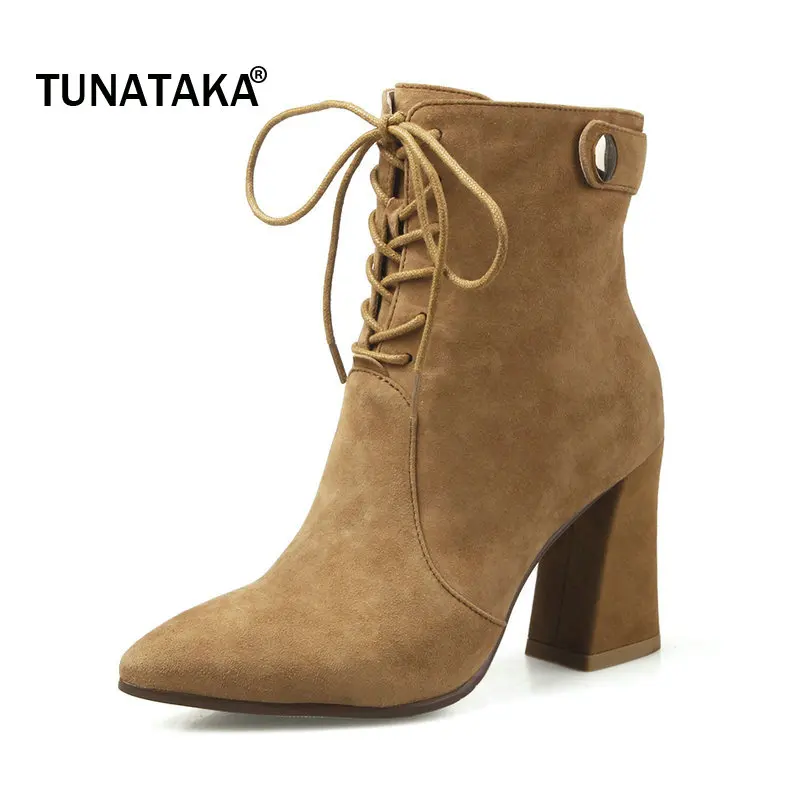 

Woman Suede Pointed Toe Sqaure High Heel Lace Up Ankle Boots Fashion Side Zipper Dress Boots Black Yellow Gray