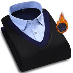 Новые зимние теплые поддельные Двойка рубашка свитер ветровка Slim Fit Work Бизнес Для мужчин формальных свитер воротник рубашки