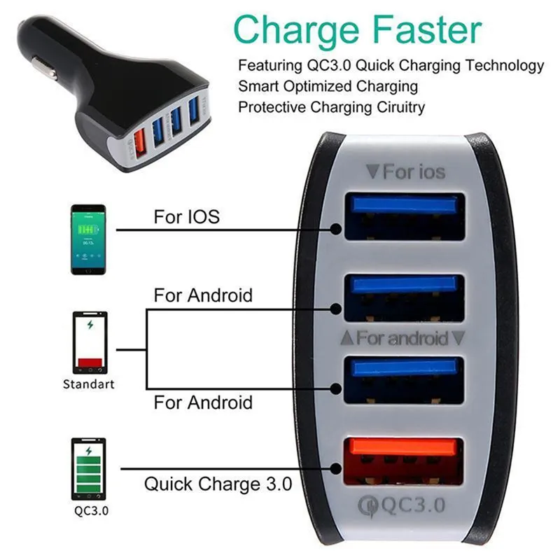 Автомобильное зарядное устройство с 4 USB портами и поддержкой быстрой