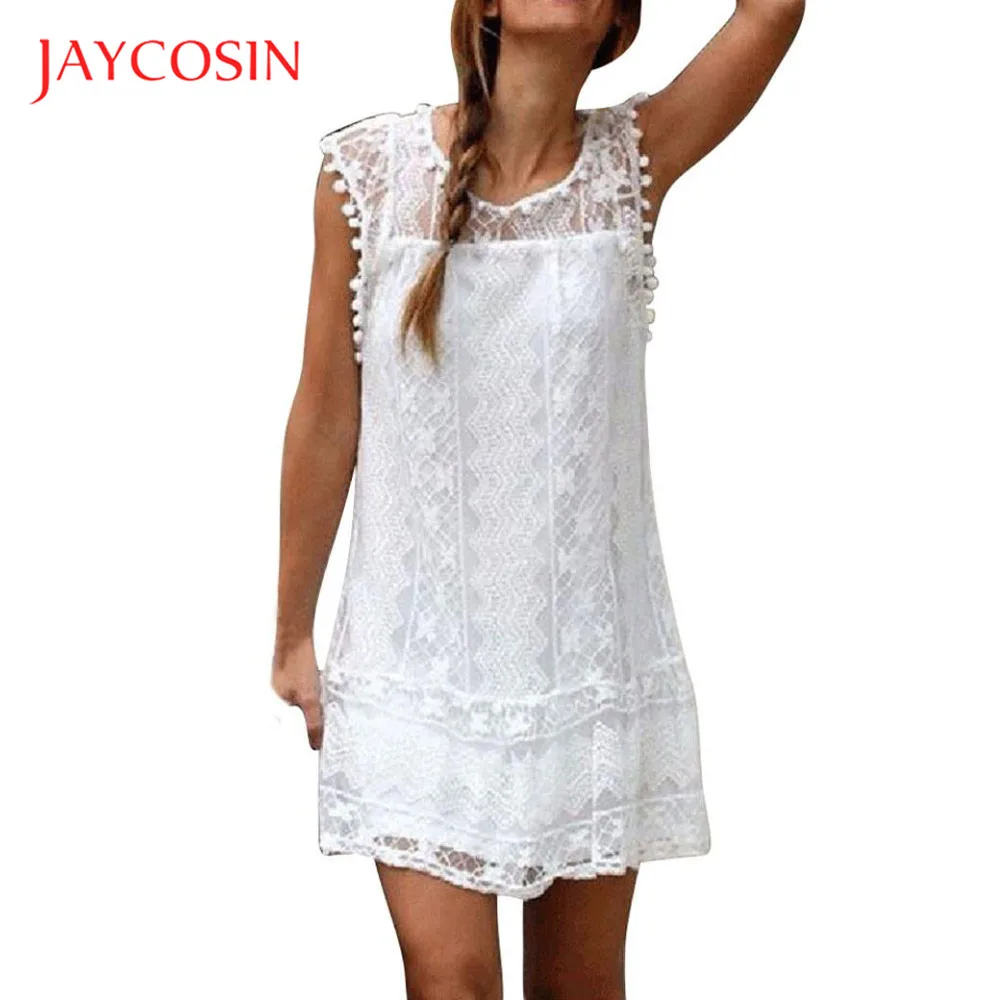 

Jaycosin Clothes Lace Women Dress Lady Girls Sleeveless Beach Short Dress Summer Tassel Straight party dress women