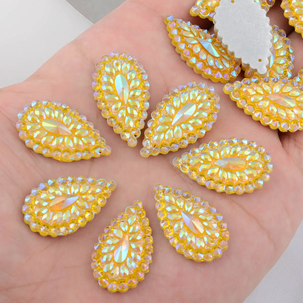 

BOLIAO 10Pcs 16*27mm (0.63*1.06 in) AB Color Crystal Flatback Yellow Resin Sew On Appliques/Wedding/Home Decoration DIY 2 Hole