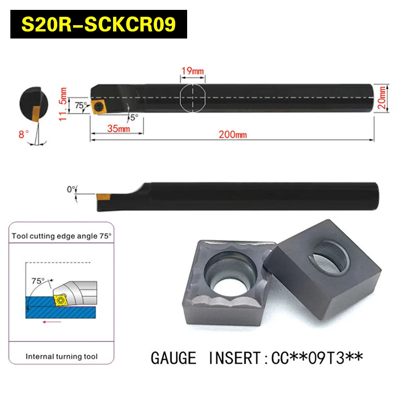 S20R SCKCR09 75 Degrees Internal Turning Tool Holder For CCMT09T304 CCMT09T308 Insert Internal