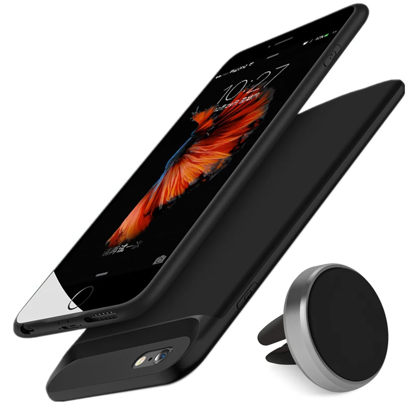

U2 External 5000mAh Smart Magnetic Back TPU Bumper Power Pack Battery Charger Case For iPhone 6 6S Black with car holder
