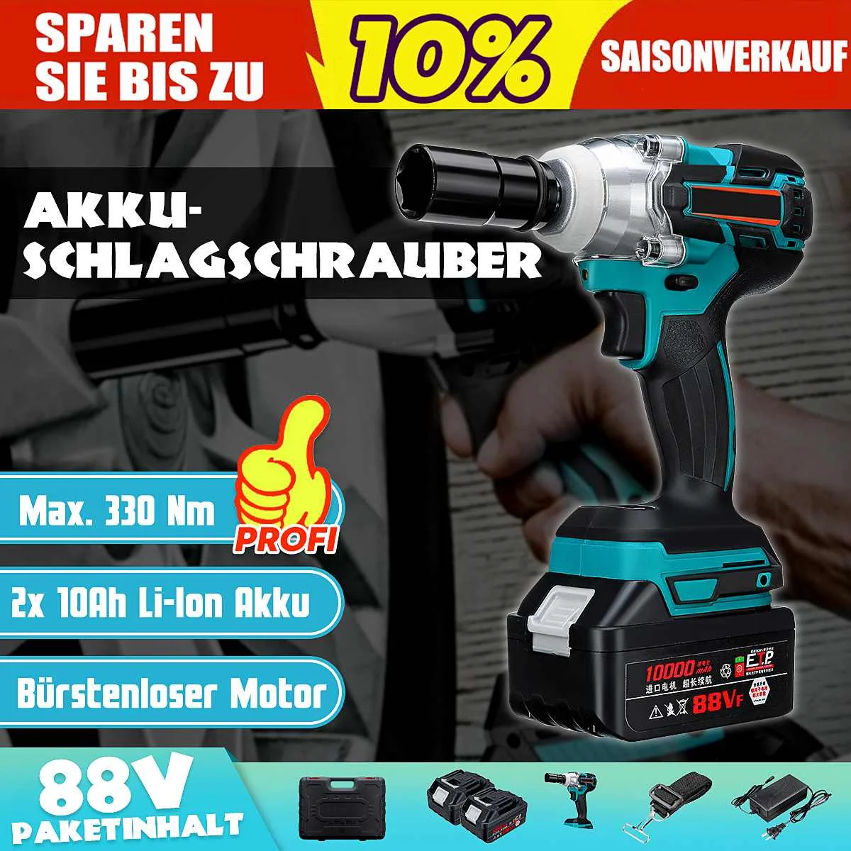 

21V 330Nm 10000mAh Cordless Lithium Electric Wrench With 2 Batteries Impact Wrench Brushless Motor Power Tools