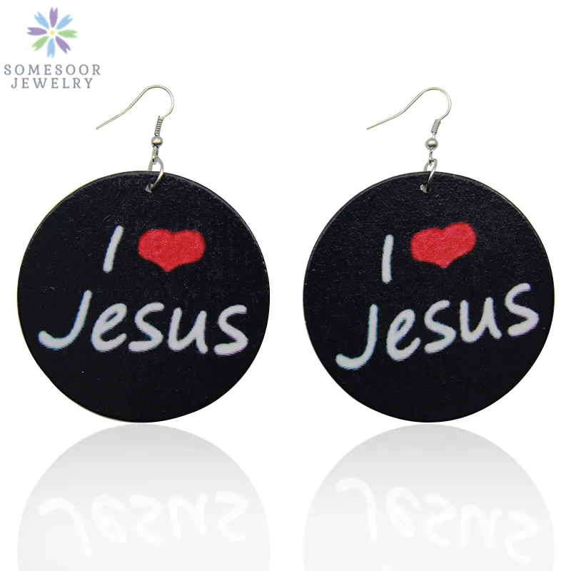 SOMESOOR Painted Christian African Women Wood Drop Earrings I Love Jesus God Afro Ethnic Jewelry For Girls Ladies’ Gifts 1pair