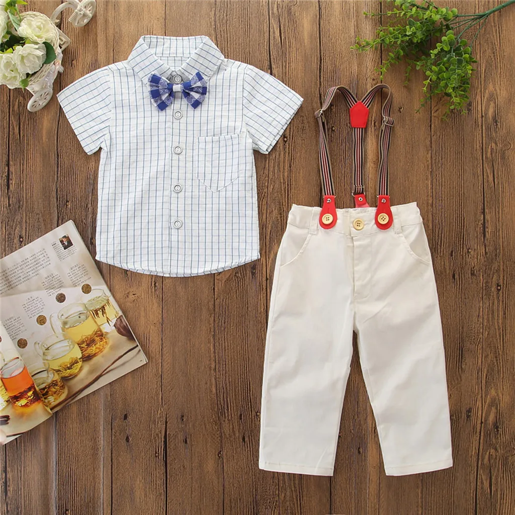 Summer Kids Boys Clothes Genlemen Suit Bow Plaid Shirt+Suspender Pants Party Genlemen Outfits Clothes 2 3 4 5 6 Years