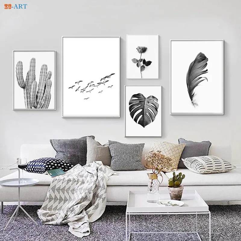 Modern Black White Feather Posters and Prints Cactus