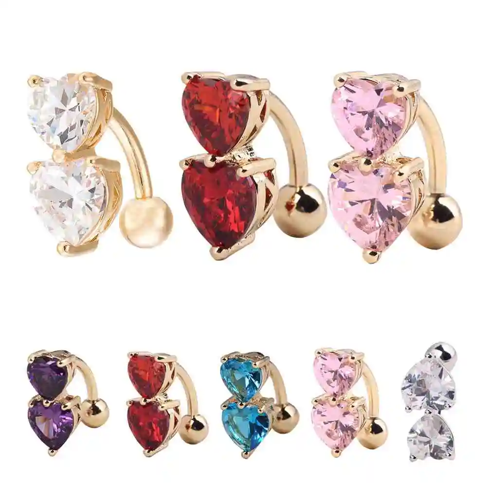 Women's Double Heart Reverse Navel Belly Ring Rhinestone Button Bar