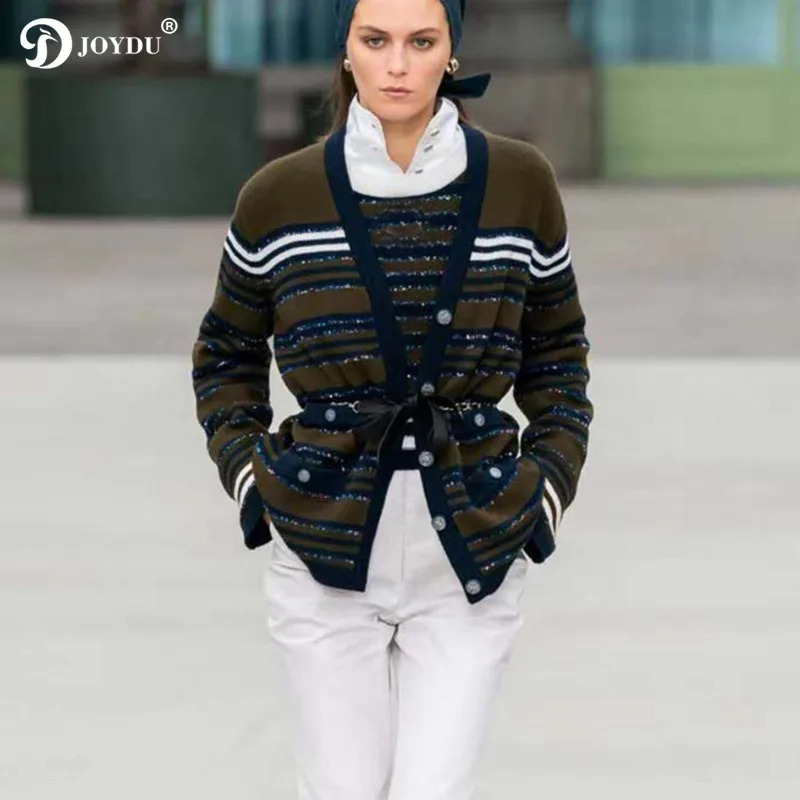 

Retro Runway Brand Cardigan Sweater Women 2019 V-neck Single Breasted Stripes Gold Thread Fall Winter Jumper Jacket pull femme