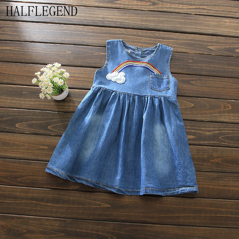 2017 Baby Girls Denim dresses Summer Dress kids Rainbow Pattern For