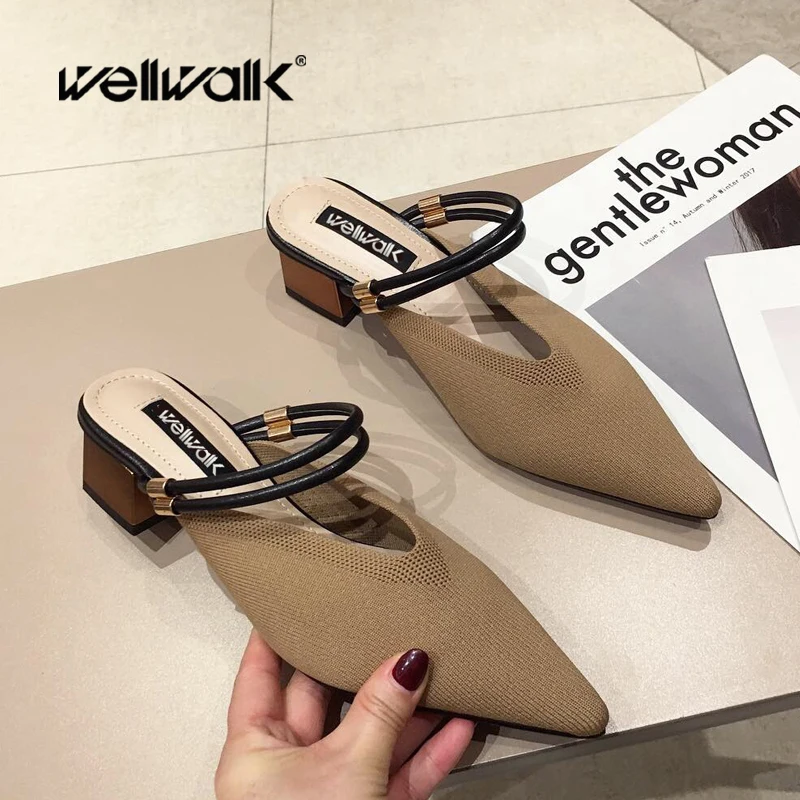 

Wellwalk Ladies Slippers Women Mules Shoes Metal Block Heel 3CM Flyknit Texitile Pointed Toe Female Summer Leisure Sandals
