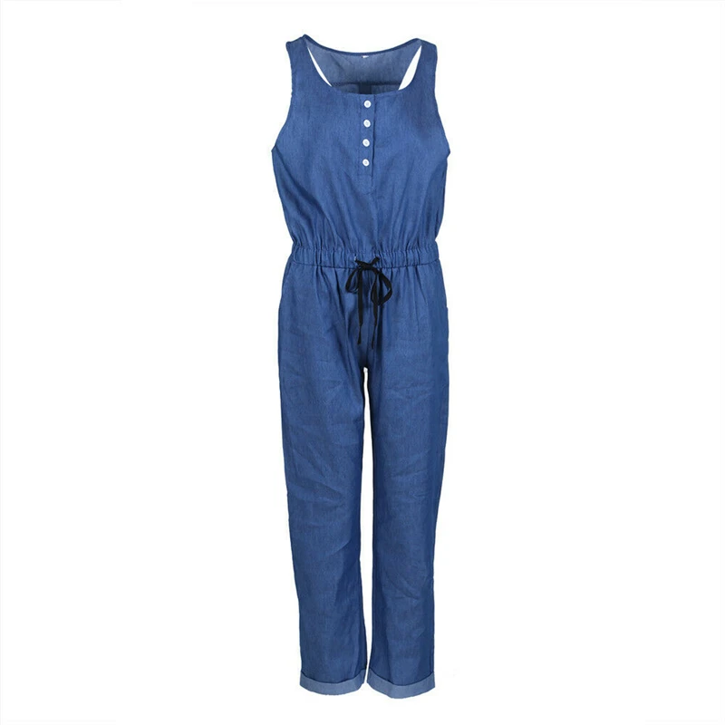 

Simple Women Casual Overalls Straps Long Trouser Jumpsuit Loose Denim Romper Slimmer Fashion Sleeveless Summer Playsuit Bodysuit