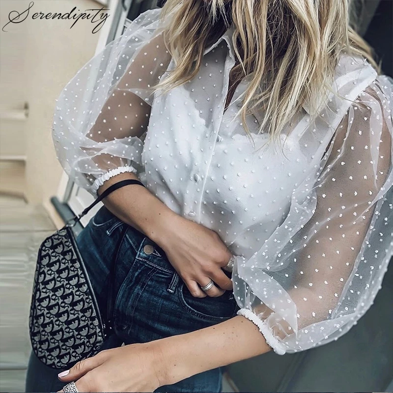 

SRDP Sexy Dot Mesh Blouses&Shirts Women White Transparent Silk Lace Backless Blouse Summer Girl Embroidery Lantern Sleeve Blouse