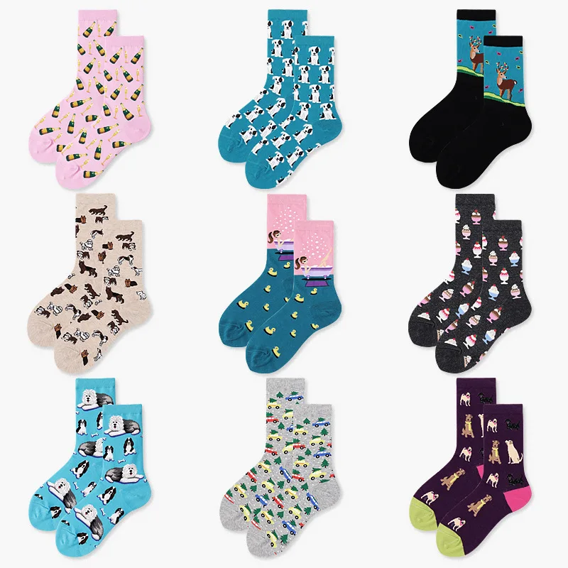 Модные Разноцветные носки с мультяшным рисунком в стиле Харадзюку, машины, мороженого, собаки, пирога, девушки, счастливые забавные женские носки из чесаного хлопка, повседневные новые носки