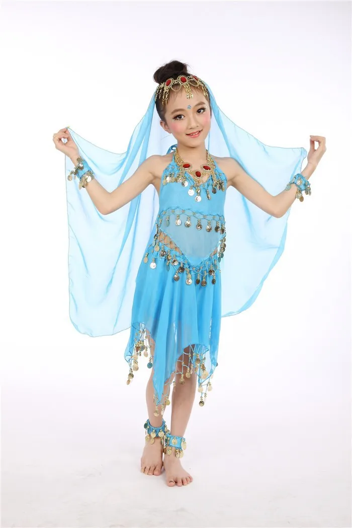 Детское индийское танцевальное платье для девочек танцевальные костюмы для живота одежда для занятий Танцем Живота 5 шт. комплект с Coinsdancing аксессуары