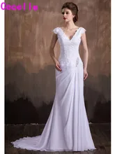Simple Mermaid Chiffon Lace Beach Wedding Dresses 2017 Cap Sleeves Informal Sexy V Neck Women Bridal Gowns Covered Buttons Back