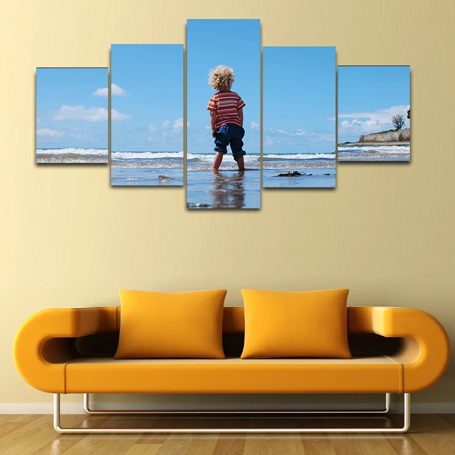 

Blue ocean and kid 5 panels paintings modern canvas poster and prints for living room wall decor home murals modular art picture