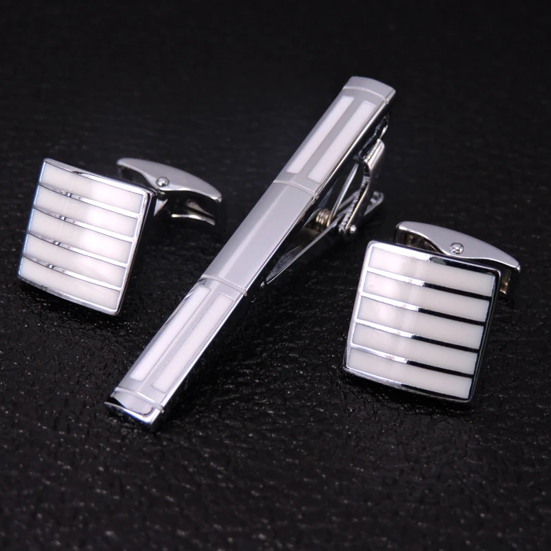 

HYX Classic white Tie Clips cufflinks set for Men High Quality Enamel Engrave Pattern Necktie Tie Bar link Clasp Brand Jewelry