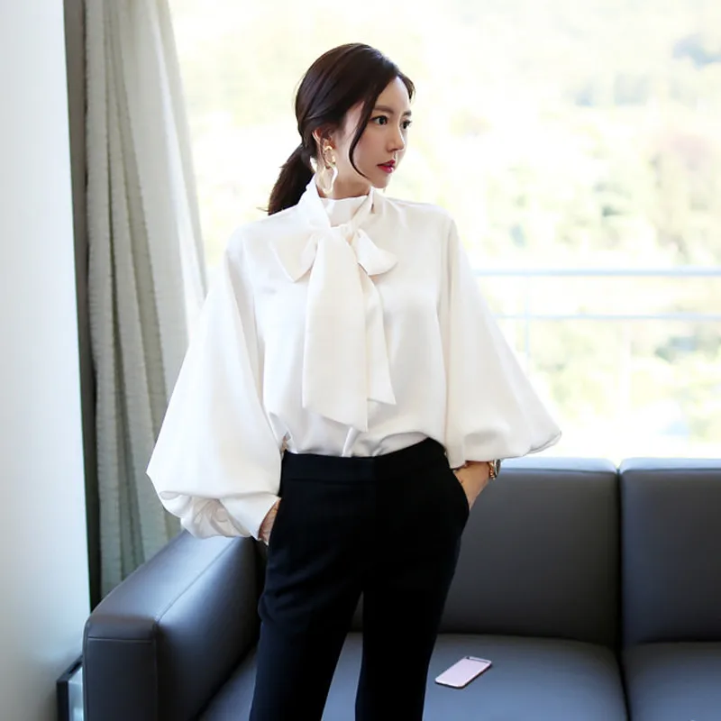 

2018 New Autumn Winter Fashion Vintage Style Big Lantern Sleeve Bow Blouse Women blusas Shirt