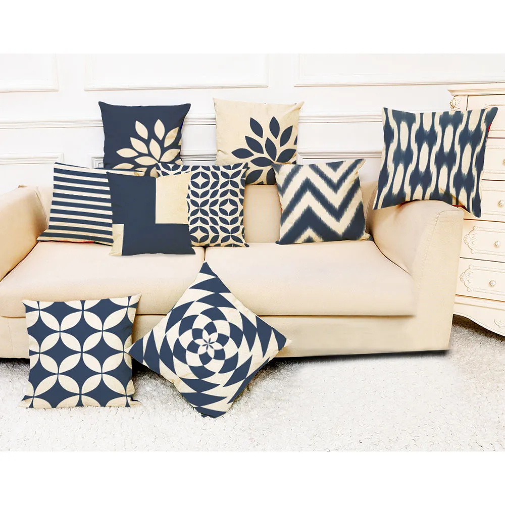 

2018 Wholesale Washable Printed Home Cover Dark Blue Style Throw Pillowcase Pillow Covers Cotton Linen Square Pillow