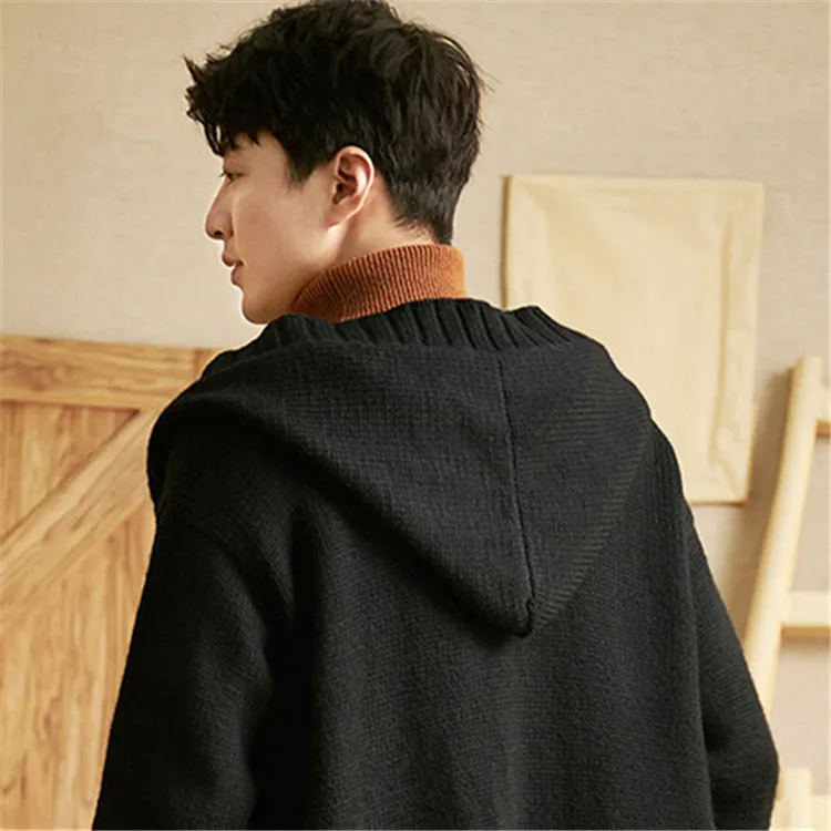  100%hand made pure wool hooded knit men fashion solid loose single breasted cardigan sweater one&ov