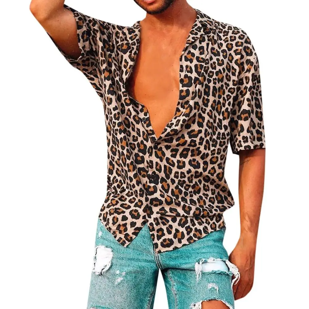 Летняя мужская пляжная рубашка с леопардовым принтом, отложной воротник, короткий рукав, повседневные мешковатые ретро рубашки, мужские блузки, топы, Camisas Masculina