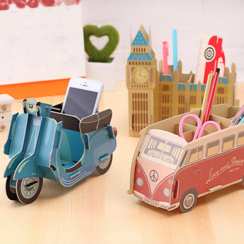 

1pc DIY Cartoon Car Bus Piano Paper Board Ruler Gel Pen Pencil Pot Holder Desk Stationery Container School Office Organizer
