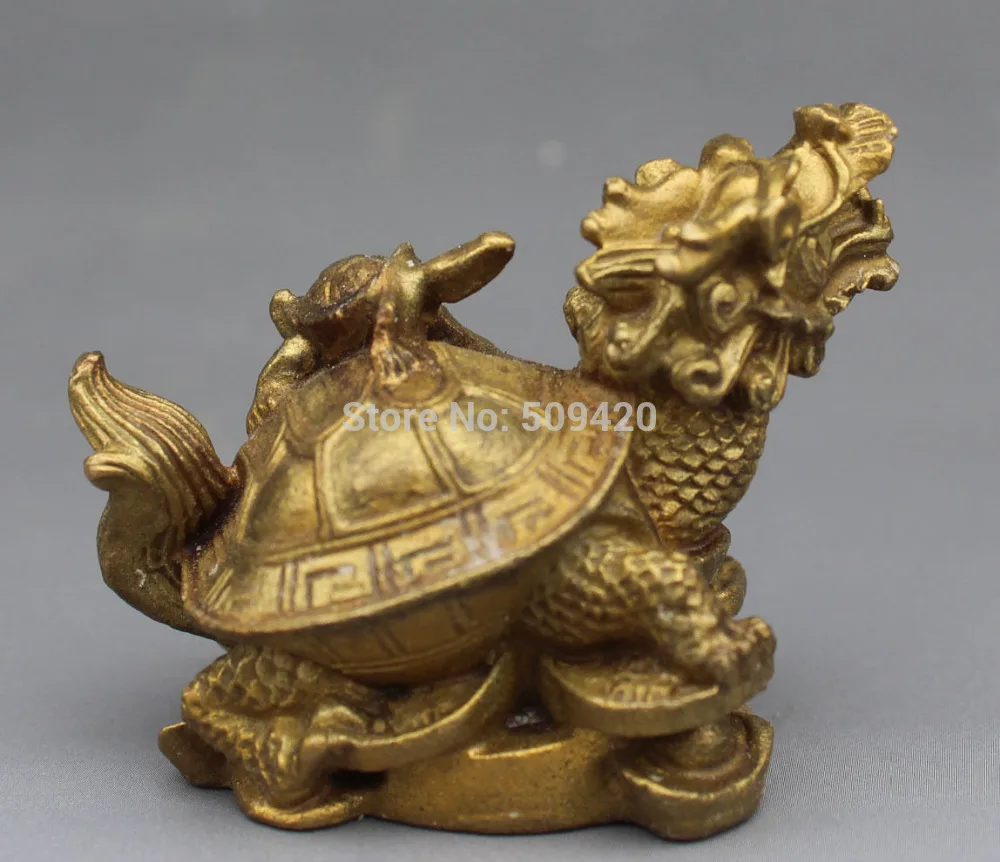 

6 CM Chins FengShui Bronze YuanBao Wealth Dragon Tortoise Turtle Family Statue