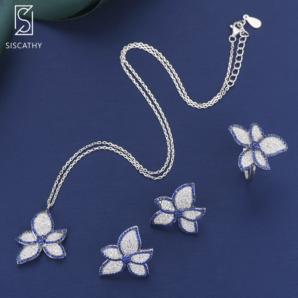 

SISCATHY Fashion Korean Style Sterling Silver Statement Necklace Earrings Rings Jewelry Sets For Women Girls Party Engagement