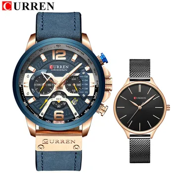 

CURREN Top Brand Quartz Genuine Leather Men Lovers Watch Men & Women Clock Steel Women Wristwatches Couple Watches Set