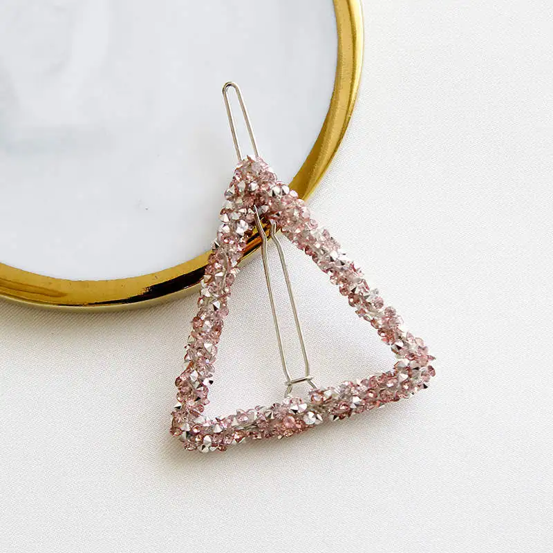 1Pcs Fashion Crystal Rhinestones Hair Clip Hairpin Star Triangle Round Shape Women Hair Clips Barrettes Hair Styling Accessories - Цвет: Triangle Pink